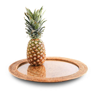 Vagabond House Round Serving Tray with Hand Woven Wicker Rattan and Glass Insert