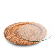 Load image into Gallery viewer, Vagabond House Round Serving Tray with Hand Woven Wicker Rattan and Glass Insert
